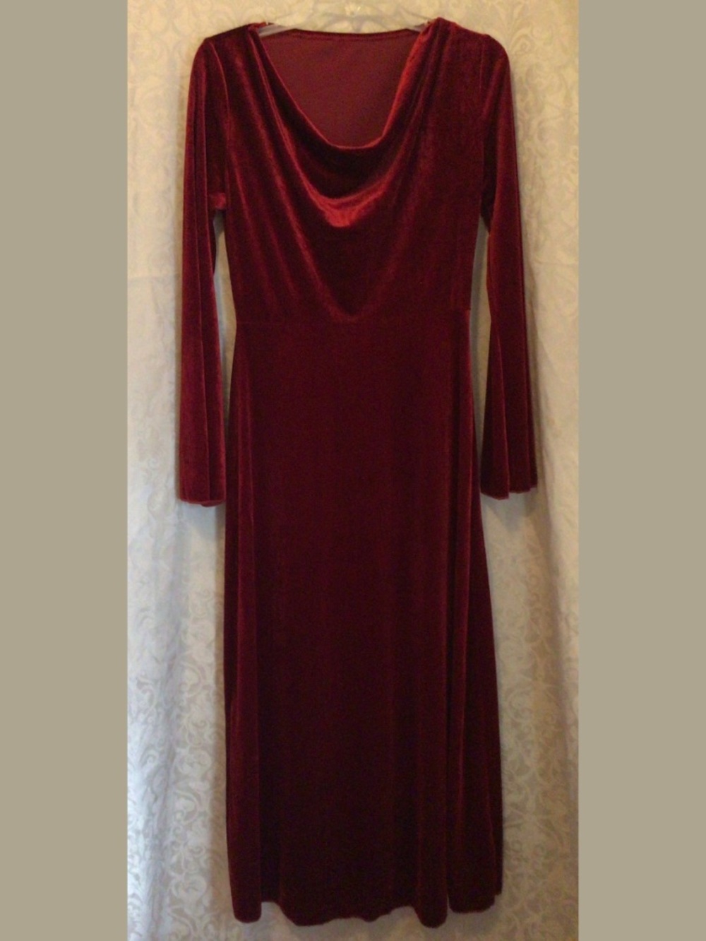 Red Velvet Drape Neck Bell Sleeve Gown Dress Small